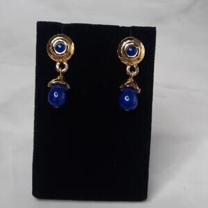 Gold Tone and Blue Dangle Earrings